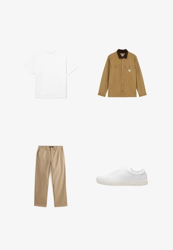 Chaqueta color canela con botones, cuello de pana marrón oscuro, dos bolsillos con solapa en el pecho y dos bolsillos laterales, colocada plana sobre fondo blanco.; Camiseta de algodón blanca con mangas cortas, cuello redondo y dobladillo recto. Textura suave sin patrones ni acentos visibles.; Pantalones chinos beige de pierna recta hechos de tela de algodón ligera. Presentan dos bolsillos delanteros y cierre de botón. Textura suave, detalles mínimos.; Zapatilla de cuero blanco con textura suave, puntera redonda, cierre de cordones y suela de goma plana. Diseño minimalista sin patrones visibles.