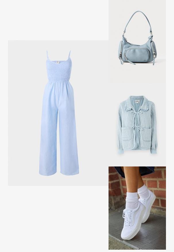 Lys blå denimjakke med et tekstureret, diamantmønster. Har en rynket krave, lukning med frontbind og to forlommer.; Lysblå jumpsuit lavet af blødt stof, med et smocked bodice, tynde stropper og vide ben for en løs pasform.; Hvide lærreds sneakers med gummisåler, der har seks snørehuller, rund tå og let sømdetaljer, krydret med hvide ankelstrømper.; Lysblå læderhåndtaske med en rund form, to lynlåslommer, et kort håndtag og sølvfarvede hardware-detaljer. Glat tekstur.