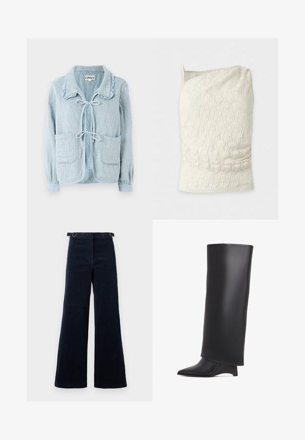 Lys blå denimjakke med et tekstureret, diamantmønster. Har en rynket krave, lukning med frontbind og to forlommer.; Cremefarvet blonder top uden ærmer med en tynd strop og en asymmetrisk halsudskæring.; Mørk marineblå brede corduroybukser med justerbare sidebånd med spænder ved taljen mod en ensfarvet baggrund.; Sort knælang støvle lavet af glat læder, med spids tå og trekantet hæl. Designet med en strømlinet, glat overdel.