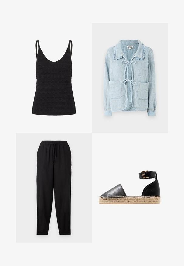 Lichtblauwe denimjack met een gestructureerd, diamanten patroon. Heeft een geraffineerde kraag, een sluiting met strik aan de voorkant en twee voorzakken.; Zwart gehaakt tanktop met een V-hals, dunne bandjes en een getextureerd patroon met gelijkmatige rijen. Geschikt voor lagen of casual draag.; Zwarte, lichtgewicht stoffen broek met een elastische tailleband, trekkoorddetails en taps toelopende benen. Glad textuur; minimalistisch ontwerp.; Zwarte leren espadrille-sandaal met spitse neus, jute touwzool en enkelband met een gouden gesp. Gladde afwerking, minimalistisch ontwerp.