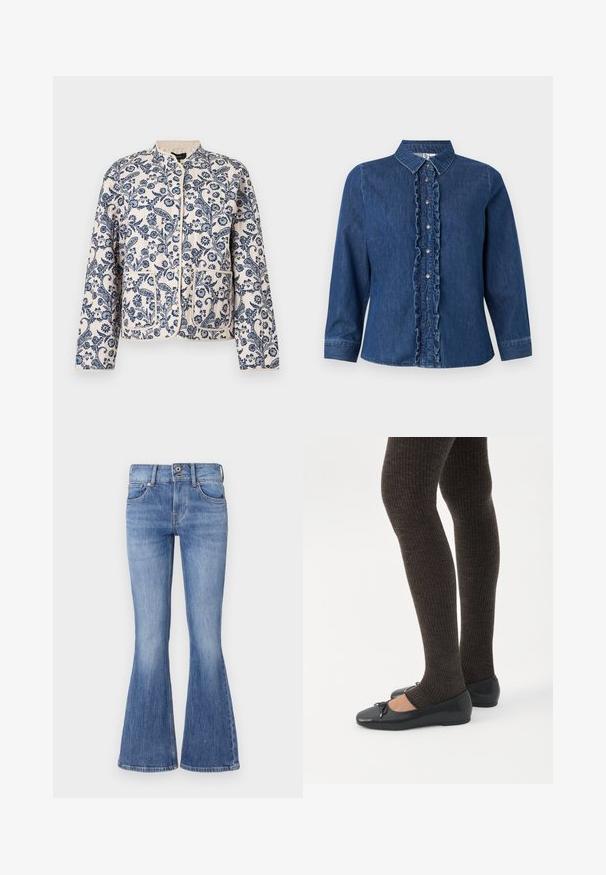 Chaqueta acolchada con estampado floral en azul marino sobre fondo crema; cuenta con cuello redondo, cierres de presión y dos bolsillos delanteros.; Camisa de denim de manga larga, color azul oscuro, con pliegues en la parte delantera, cierre de botones y diseño de cuello clásico.; Vaqueros de denim azul de corte acampanado con una cintura de media altura, cinco bolsillos y un lavado claro. Presentan un suave desvanecimiento y costuras en contraste.; Piernas con leggings oscuros acanalados combinados con bailarinas negras que presentan pequeños detalles de lazo sobre un fondo blanco.