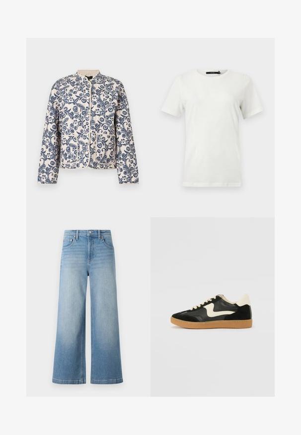 Gewatteerd jack met een bloemenprint in marineblauw op een crèmekleurige achtergrond; heeft een ronde hals, drukknoopsluitingen en twee voorzakken.; Effen witte T-shirt met korte mouwen en ronde hals, met een rechte zoom, plat gelegd op een lichte achtergrond.; Lichtblauwe denim brede pijpen jeans met een hoge taille, vijf-pocket ontwerp, zichtbare stiksels en een knoopsluiting aan de voorkant.; Zwarte suède en leren sneaker met een crèmekleurige zij-swoosh en lichte crèmekleurige hiel. Voorzien van beige veters en een gumrubberen zool.