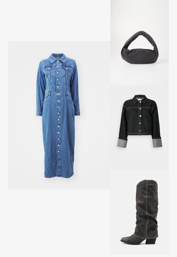 Sort denimjakke med krave, frontlukning med knapper og grå manchetter. Har kontrasterende hvid syning og et cropped design.; Denimkjole med knaplukning foran, lange ærmer, brystlommer og en tætsiddende talje, i en medium blå vask med en lige silhuet.; Grå læder støvler op til læggen med et slouchy design, spidse tæer og stablet hæl. Bemærkelsesværdig syning detalje ved tåområdet.; Mørkegrå stofpose med et buet håndtag, blød tekstur og rund form. Ingen synligt hardware eller pynt.