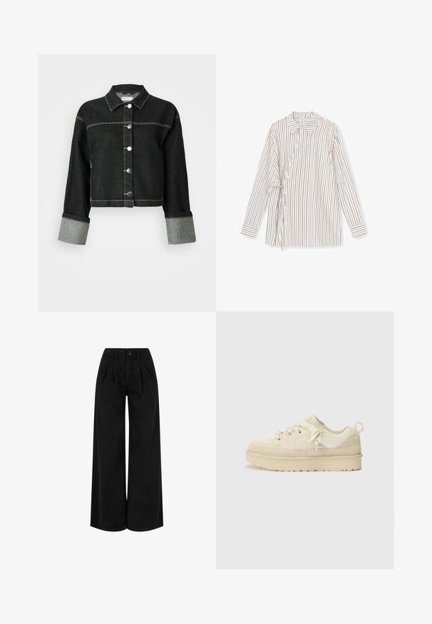 Sort denimjakke med krave, frontlukning med knapper og grå manchetter. Har kontrasterende hvid syning og et cropped design.; Langærmet skjorte med hvide striber, der har lodrette røde og sorte striber, knapper foran og en justerbar bindedetalje på den ene side.; Sorte bukser med høj talje og vide ben med forreste plisseringer, knaplukning og bæltestropper, vist mod en hvid baggrund.; Beige sneakers med en blanding af glatte og teksturerede materialer, med en kraftig sål, dekorerede snørebånd og en bageste løftestrop.