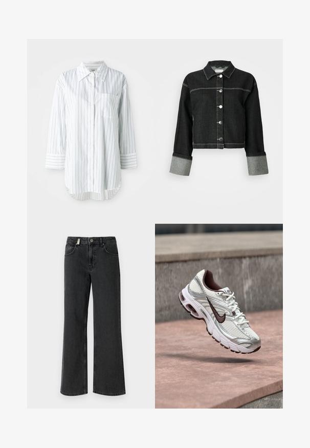 Veste en denim noir avec col, fermeture à boutons à l'avant et accents de poignets gris. Présente des coutures blanches contrastantes et un design court.; Chemise blanche à manches longues avec des fines rayures verticales noires, une poche sur la poitrine gauche et un col pointu.; Jean en denim noir à jambe large avec une taille mi-haute, deux poches avant et des coutures contrastées sur un tissu lisse.; Chaussure de running Nike blanche et argentée avec logo Swoosh noir suspendue au-dessus d'une surface en béton en extérieur.