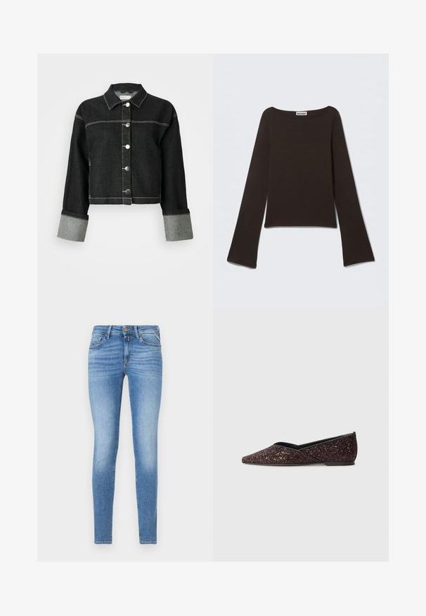 Zwarte spijkerjack met kraag, sluiting met knopen aan de voorkant en grijze accentdetails op de mouwen. Heeft contrasterende witte stiksels en een cropped ontwerp.; Bruine top met lange mouwen gemaakt van zachte, rekbare stof. Heeft een brede halslijn en een aansluitend ontwerp met uitlopende mouwuiteinden.; Slim-fit lichtblauwe spijkerbroeken met een middelhoge taille, vooraan met knoopsluiting en een vijf-pocket ontwerp.; Kennel + Schmenger ALINA - Ballerina's - mulberry/schwarz