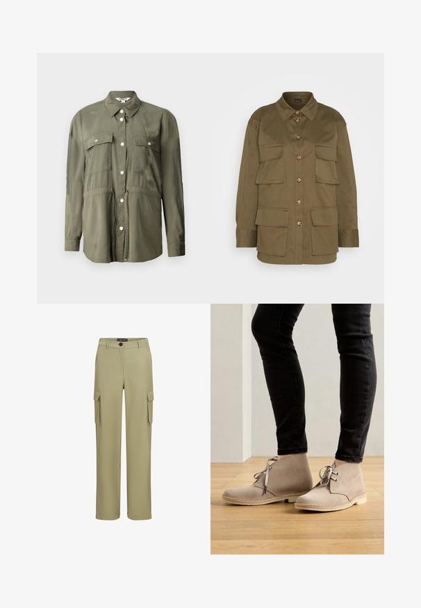 Olive roheline särk, mis on valmistatud pehmest kangast, nupuga esiküljel, kahe rinna taskuga klapiga ja pikkade varrukatega.; Gina Tricot CARGO SHIRT - Nööpidega pluus - khaki green; Khaki värvi cargo püksid pehmest materjalist. Omab kahte küljetaskut ja nööpidega kinnitust. Sirge jalgade disain koos hästiehtud viimistlusega.; Bež suede pahklie saapad, ümarate varvastega, nööritud disainiga ja kontrastsete õmblustega, kantud mustade kitsaste pükstega puidust põrandal.