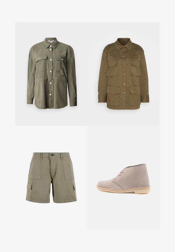 Olivengrøn skjorte lavet af et blødt stof, med knaplukning fortil, to brystlommer med klapper og lange ærmer.; Gina Tricot CARGO SHIRT - Skjortebluser - khaki green; Khaki cargo shorts lavet af letvægtsbomuld med to sidelommer, en front knaplukning og lige snit.; Lyse beige ørkenstøvle i ruskind med to snørehuller og crepesål, vist i profil mod en ensfarvet hvid baggrund.