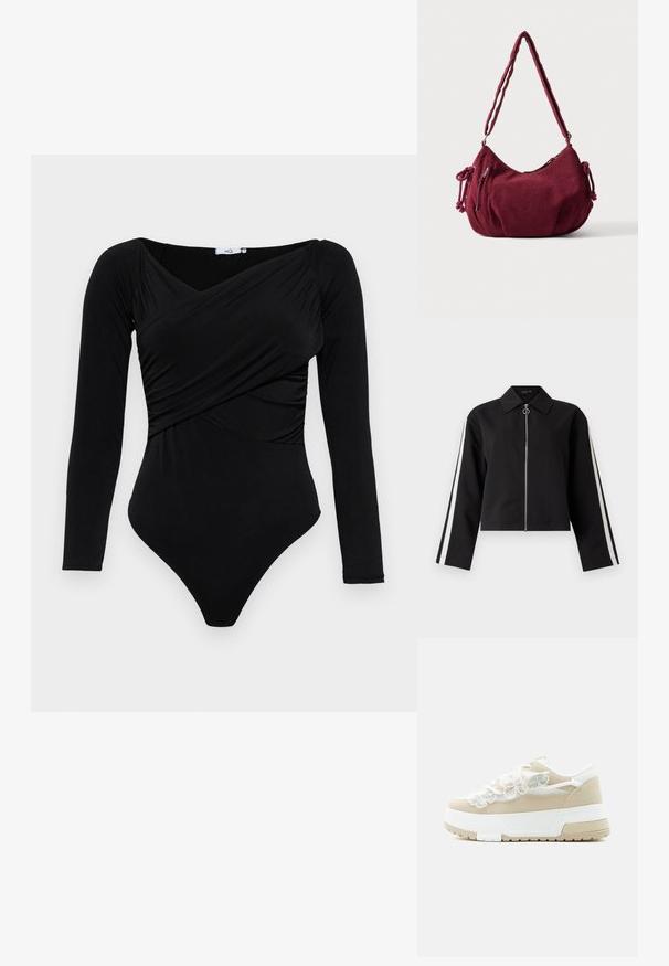 Sort cropped jakke med lange ærmer, sølv lynlås og sidelister. Har en spids krave og ringtræk detalje. Glat stofstruktur.; Sort langærmet bodystocking med indpakningsdesign, lavet af glat stof. Har en dyb udskæring og tætsiddende silhuet.; Beige og hvide platform-sneakers med meshpaneler, blomstret blonder over snørebåndene og en tyk, tekstureret sål.; Blød bordeaux kordfløjls skuldertaske med justerbar rem, lynlås lukning, sidelommer med bindebånd og en front lynlåslomme.