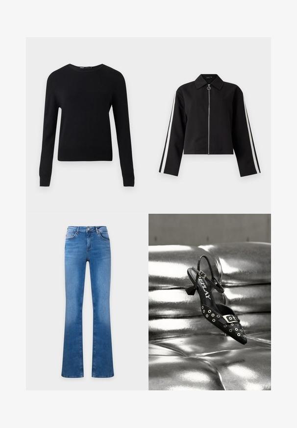 Sort cropped jakke med lange ærmer, sølv lynlås og sidelister. Har en spids krave og ringtræk detalje. Glat stofstruktur.; Sort langærmet rundhalset sweater med ribstrikkede manchetter og kant, vist mod en ensartet lysegrå baggrund.; Blå denimjeans med høj talje og flared ben, med for- og baglommer samt knaplukning.; Sort slingback-sko med spids tå, forsynet med sølvøjer og en spænde-detalje. Fremstillet af tekstureret materiale med en lille blokhæl.