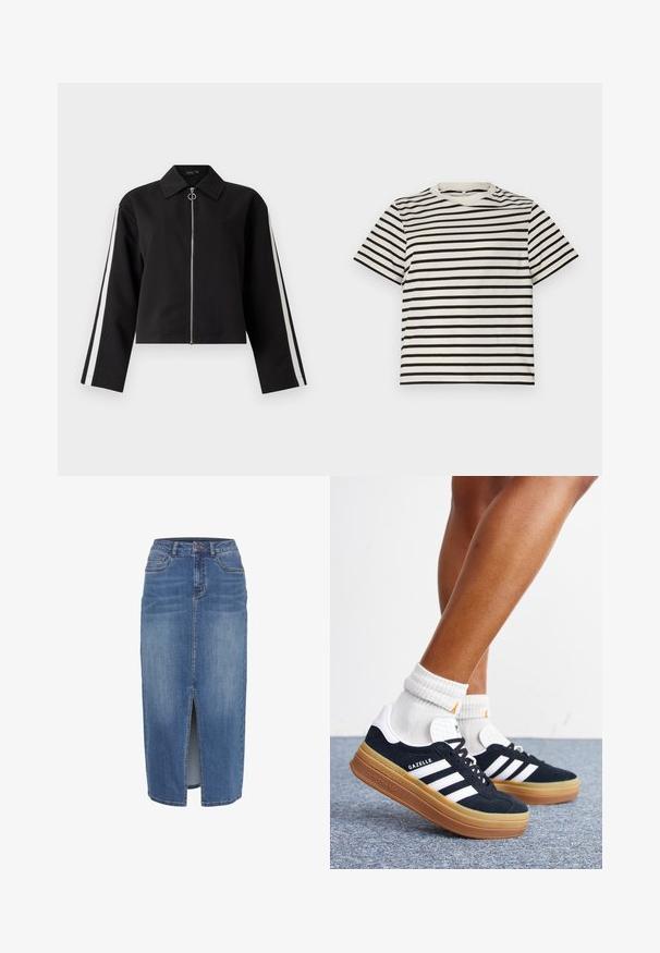 Veste noire courte avec des manches longues, fermeture éclaire argentée et bandes latérales. Dotée d'un col pointu et d'un détail de tirette en anneau. Texture de tissu lisse.; T-shirt à rayures avec un col rond, fabriqué en coton léger, présentant des rayures noires et crème uniformément espacées, des manches courtes et une coupe décontractée.; Jupe en denim avec une fente avant, mi-longue, dans un délavage bleu clair à moyen. Comprend cinq poches et une taille avec passants de ceinture.; Jambes portant des chaussettes blanches et des baskets Adidas Gazelle noires avec des bandes blanches et des semelles épaisses marron sur un sol recouvert de moquette grise.