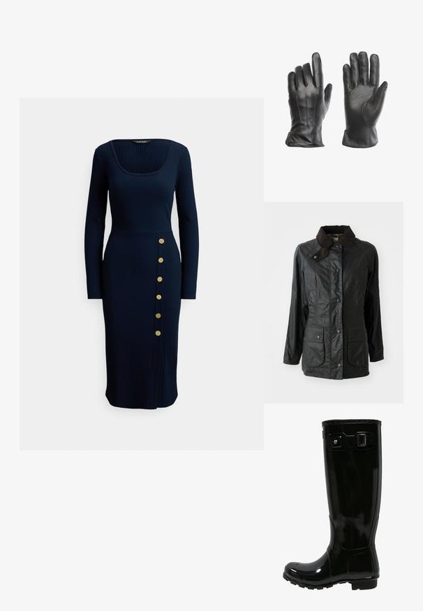 Schwarze wasserdichte Jacke mit einem braunen Cordkragen, Druckknöpfen und zwei großen Vordertaschen. Glatte Textur mit leicht glänzender Oberfläche.; Marineblaues, langärmliges Kleid mit Rippstrick, quadratischem Ausschnitt und seitlichen Knöpfen. Es hat eine figurbetonte Silhouette und einen knielangen Saum.; Schwarzer Gummiregenstiefel mit glänzender Oberfläche, hohem Design, Schnallenakzent an der Seite, strukturierten Sohle für Grip und abgerundetem Zehenbereich.; Schwarze Lederhandschuhe mit fünf Fingern, ausgestattet mit dezenten Nähten und einer glatten Textur. Offene Bündchen mit abgerundeten Enden.