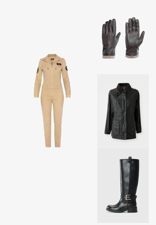 Schwarze wasserdichte Jacke mit einem braunen Cordkragen, Druckknöpfen und zwei großen Vordertaschen. Glatte Textur mit leicht glänzender Oberfläche.; Kaki Jumpsuit mit Reißverschluss vorne, langen Ärmeln und Kragen. Mit zwei aufgesetzten Taschen, einem Logo-Patch auf der Brust und Schulterakzenten.; Schwarze knöchelhohe Lederstiefel mit niedrigem Blockabsatz, dekorativem goldenen Schnallenriemen um den Knöchel und einer Zuglasche an der Oberseite.; Braune Lederhandschuhe mit glatter Textur, die drei genähte Linien auf der Rückseite und einen hellbraunen Strickbund aufweisen.