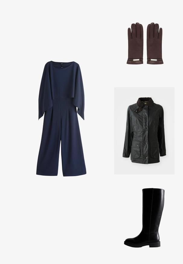 Zwarte waterdichte jas met een bruine corduroy kraag, drukknoopsluiting en twee grote voorkruiszakken. Glad textuur met een licht glanzende afwerking.; Marineblauwe jumpsuit met wijde pijpen, lange losse mouwen en een ronde hals, hangend tegen een witte achtergrond.; Knee-high zwarte leren laarzen met een gladde textuur, ronde neus, minimale stiksels en een platte rubberen zool. Eenvoudig, strak ontwerp.; Een paar donkerbruine leren handschoenen met een klein metalen gespdetail bij de pols, plat naast elkaar gelegd op een witte achtergrond.