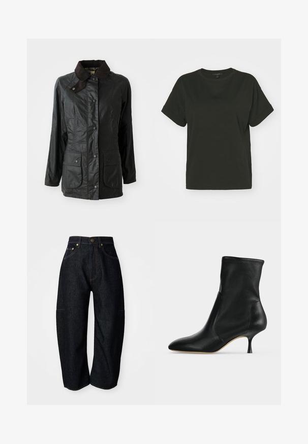 Zwarte waterdichte jas met een bruine corduroy kraag, drukknoopsluiting en twee grote voorkruiszakken. Glad textuur met een licht glanzende afwerking.; AllSaints LISA TEE - T-shirt basic - black; Donkerdenim jeans met een relaxte pasvorm, voorzien van subtiele oranje stiksels, voorzakken en een platte tailleband met een knoopsluiting.; Zwarte leren enkellaars met spitse neus en smalle hak van middelhoge hoogte, zijaanzicht op een lichte achtergrond.