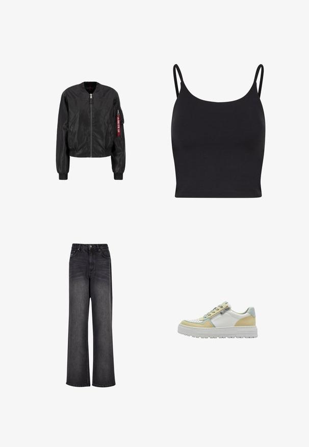 Veste bomber noire avec fermeture éclair à l'avant, col et poignets côtes, poches latérales, et une poche utilitaire sur le bras avec un détail en étiquette rouge.; Top cropped noir ajusté avec de fines bretelles, fabriqué en tissu lisse, présentant un col rond et un design simple et sans couture.; Jean en denim noir à jambes larges avec une texture lisse, présentant une taille haute, des poches avant et une fermeture à bouton.; Des baskets avec une tige en cuir blanc, des accents en suède jaune clair et bleu, des détails perforés et une épaisse semelle en caoutchouc blanc.