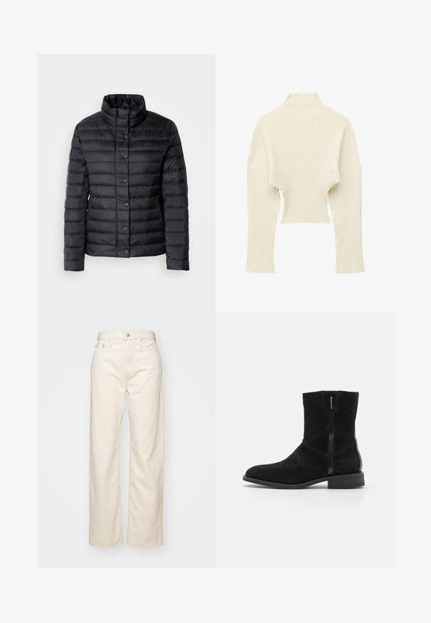Čierna péřová bunda s vysokým golierom, gombíkovým zapínaním a horizontálnym prešívaním. Materiál vyzerá byť ľahký a vodoodolný.; Svetlo krémový rebrovaný pletený sveter s dlhými rukávmi, krátkou dĺžkou a vysokým imitovným golierom.; Svetlé béžové džínsy s širokým strihom vyrobené z denimu, s vysokým pásom, piatimi vreckami a prešitou detailiou pozdĺž švov.; Čierne semišové členkové topánky s okrúhlou špičkou, jemným prešitím a lesklým čiernym akcentom. Majú nízky podpätok a branding GANT na boku.