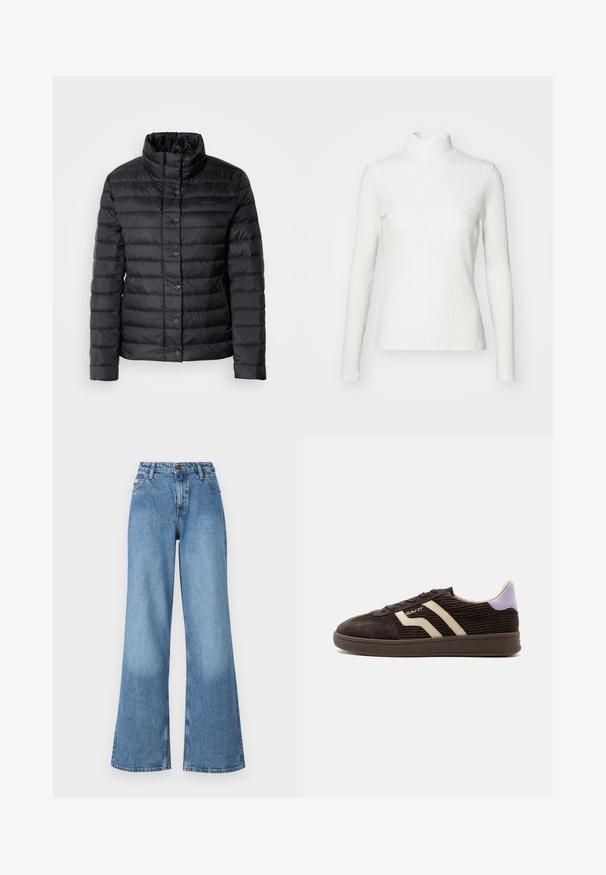 Sort dunjakke med høj krave, knaplukninger og horisontalt quiltet mønster. Materialet virker let og vandafvisende.; Hvid ribbet turtleneck blouse med lange ærmer, lavet af elastisk stof. Har et tætsiddende design og høj hals for god dækning.; Højtsiddende brede blå denimbukser med forlommer, bæltestropper og knap- og lynlåslukning.; Mørkebrun kordfløjls-sneaker med beige sidelommer, snøredesign, lilla hælflap og gummisål mod en hvid baggrund.