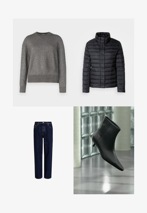 Sort dunjakke med høj krave, knaplukninger og horisontalt quiltet mønster. Materialet virker let og vandafvisende.; Grå sweater med en refleksiv strikket tekstur, rund halsudskæring, og ribbede manchetter og kant; let løs pasform og lange ærmer.; Mørkeblå denim jeans med lige ben-design, der har høj talje, fem-lomme-stil og kontrastsyninger. Ingen dekorationer.; Sort læderankelstøvle med spids tå og lav kitten-hæ, vist vinklet mod en poleret gulv- og glasblokvæg.