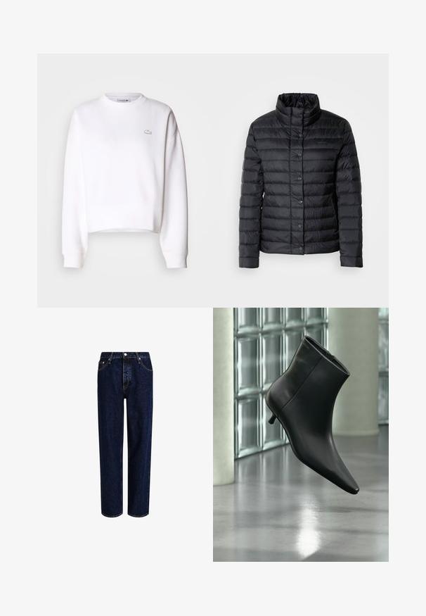 Sort dunjakke med høj krave, knaplukninger og horisontalt quiltet mønster. Materialet virker let og vandafvisende.; Hvid cropped sweatshirts, bomuldsblanding, rund halsudskæring, lange ærmer, ribbede manchetter, med et lille Lacoste-logo på brystet.; Mørkeblå denim jeans med lige ben-design, der har høj talje, fem-lomme-stil og kontrastsyninger. Ingen dekorationer.; Sort læderankelstøvle med spids tå og lav kitten-hæ, vist vinklet mod en poleret gulv- og glasblokvæg.