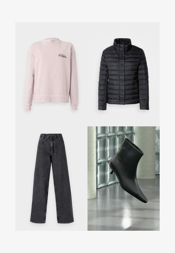 Zwarte pufferjack met een hoge kraag, knoopsluitingen en een horizontaal doorgestikt patroon. Het materiaal lijkt lichtgewicht en waterafstotend.; Lichtroze long-sleeve sweater met ronde hals, geribbelde manchetten en zwarte tekst "Infinite Summer ALLSAINTS London" op de linkerborst.; Hoge taille, wijde pijp zwarte denim jeans met een trekkoordsluiting. Heeft een vervaagde textuur en subtiele stikseldetails.; Zwarte leren enkellaars met spits toelopende neus en lage kittenhak, schuin weergegeven tegen een gepolijste vloer en een glazen blokken muur als achtergrond.