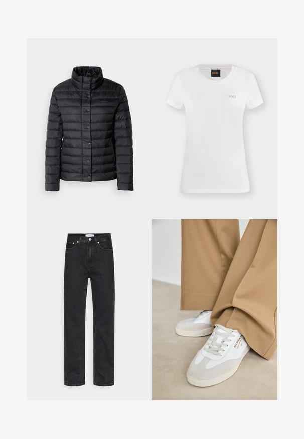 Musthave musta puffer-jakk, millel on kõrge krae, nupuga kinnitused ja horisontaalne tikand. Materjal näeb välja kerge ja veekindel.; Valge lühikeste varrukatega ümar kaelusega T-särk, millel on vasakul rinnal väike kuldne „BOSS“ logo ja krae sees must silt oranži „BOSS“ tekstiga.; Mustad denimist valmistatud sirge lõikega mustad teksad, millel on nupuga sulgemine, viis taskut ning minimaalne õmblustähtsus. Puuvillane kangas.; Valged tenniset jalatsid, millel on nahast aksendid, tekstuuriga nöörid ja kummist talla. Kõrvuti laia tan värvi pükstega. Logo on külje peal.