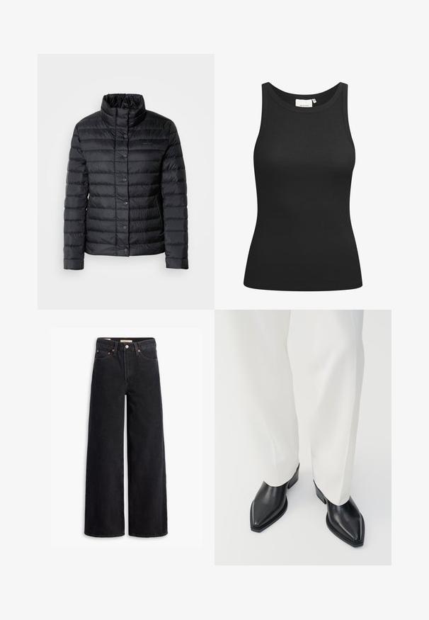 Schwarze Daunenjacke mit hohem Kragen, Knopfverschluss und horizontalem Steppmuster. Das Material scheint leicht und wasserabweisend zu sein.; Schwarzes Tanktop aus Rippstoff mit Rundhalsausschnitt und figurbetonter Passform. Flache Nähte und keine Verzierungen. Einfaches und elegantes Design.; Schwarze weite Jeans aus Denim mit fünf Taschen, Kupferrivets und einem klassischen Knopfverschluss. Glatte Textur mit einem klaren Design.; Schwarze spitz zulaufende Stiefeletten aus glattem Leder mit flachen Blockabsätzen, kombiniert mit weißen, weiten Hosen. Schlichtes und modernes Design.