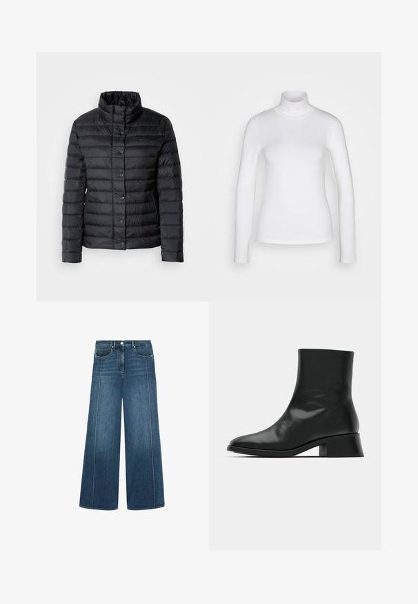 Chaqueta de plumas negra con cuello alto, cierres de botones y patrón de acolchado horizontal. El material parece ligero y resistente al agua.; Camisa de cuello alto de manga larga blanca, fabricada en un tejido suave y elástico. Presenta un ajuste ceñido y un collar alto. Sin patrones ni acentos visibles.; Jeans de pierna ancha en denim azul oscuro con costuras blancas en contraste, diseño de cinco bolsillos y cierre de botón en la cintura.; Botín negro de tobillo hecho de cuero brillante, con un diseño elegante, punta afilada y un tacón bloque moderado para mayor estabilidad.