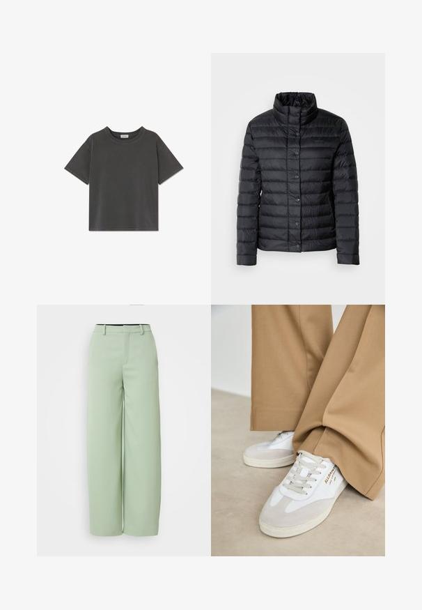 Schwarze Daunenjacke mit hohem Kragen, Knopfverschluss und horizontalem Steppmuster. Das Material scheint leicht und wasserabweisend zu sein.; Kurzärmeliges T-Shirt in Holzkohlegrau mit Rundhalsausschnitt, geradem Saum und sichtbaren Nähten an Ärmeln und Kragen.; Helle grüne weite Hosen aus glattem Stoff. Mit flacher Vorderseite, Gürtelschlaufen und einer taillierten Passform ohne sichtbare Beschläge.; Weiße Sneakers mit Wildlederakzenten, strukturierten Schnürsenkeln und einer Gummisohle. Kombiniert mit lockeren, sandfarbenen Hosen. Logo an der Seite angebracht.