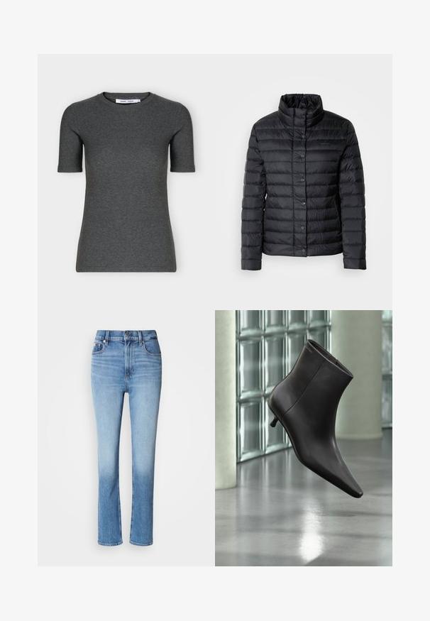 Veste col montant noire en duvet avec des fermetures à boutons et un motif matelassé horizontal. Le matériau semble léger et résistant à l'eau.; T-shirt tricoté gris foncé à manches courtes, col rond, coupe ajustée et design uni présenté sur fond blanc.; Jean en denim bleu avec taille haute, coupe droite, dégradé de couleur usé et style cinq poches. Fermeture à bouton en métal et zip.; Bottine en cuir noir avec bout pointu et petit talon, présentée devant un mur en blocs de verre et un sol poli.