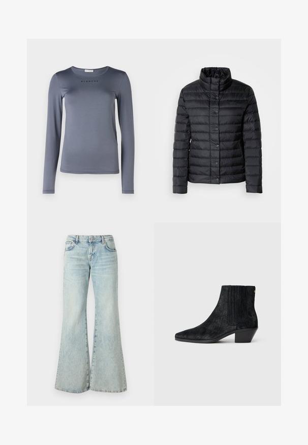 Chaqueta de plumas negra con cuello alto, cierres de botones y patrón de acolchado horizontal. El material parece ligero y resistente al agua.; Camisa de manga larga gris, hecha de material suave, con un escote redondo y la palabra "BLANCHE" impresa en negro en el pecho.; Jeans acampanados de un azul claro, hechos de denim, con una cintura alta, bolsillos y dobladillos deshilachados. La tela presenta un lavado desvanecido y una textura sutil.; Botín negro hasta el tobillo con punta afilada, material texturizado similar al pelo, panel lateral acanalado y un tacón bajo y cuadrado. Diseño simple y moderno.