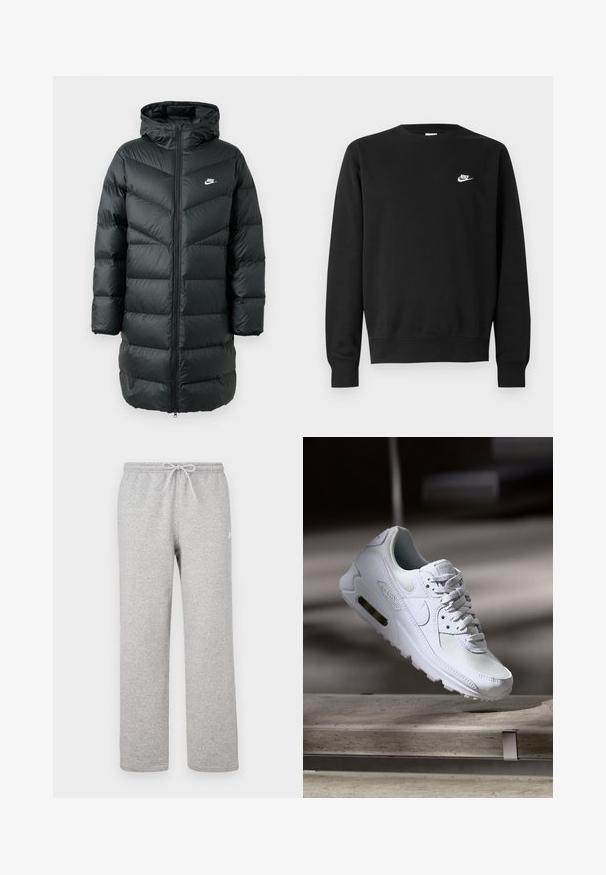 Sort puffet jakke med hætte, udstyret med et chevron quiltet mønster, fuld lynlås foran og et lille hvidt logo på brystet.; Sort sweatshirt lavet af bomuld med rund hals, lange ærmer og et lille hvidt Nike-logo på øverste venstre bryst.; Grå joggingbukser med elastisk talje og snor. Fremstillet af blødt stof, de har lige ben og diskret logodetalje.; Hvide Nike Air Max 90 sneakers med en overdel i mesh og læder, perforeret tåboks og en synlig luftenhed i hælen.