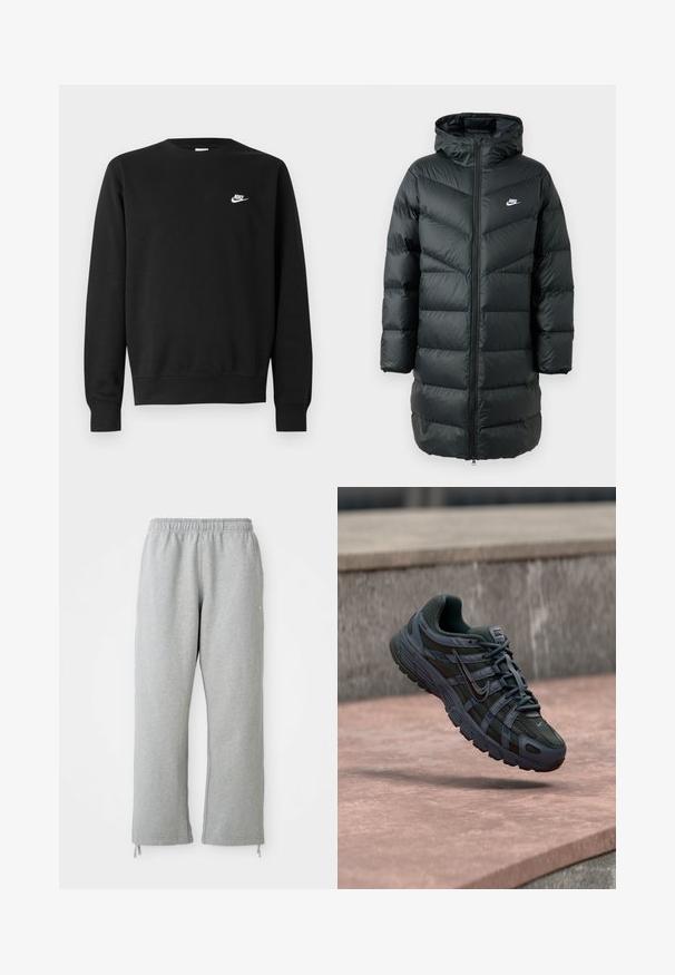 Zwarte pufferjack met een capuchon, voorzien van een chevron-quiltpatroon, een volledige ritssluiting aan de voorkant en een klein wit logo op de borst.; Zwarte sweater van katoen, met een ronde hals, lange mouwen en een klein wit Nike-logo aan de bovenkant van de linkerborst.; Grijze sweatpants met een elastische tailleband, rechte pijpen en trekkoordaccenten aan de zoom. Gemaakt van zachte, gestructureerde stof.; Donkergrijze Nike hardloopschoen met mesh en synthetisch ontwerp, zwevend boven een roze betonoppervlak met een grijze stenen achtergrond.