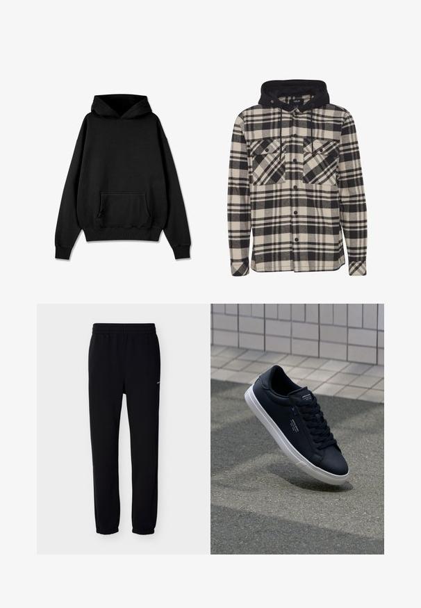 Schwarz-und-cremefarbener karierter Flanellhemd mit einer schwarzen Kapuze, zwei Brusttaschen, Knopfverschluss und langen Ärmeln. Weicher Stoff.; Pegador LOGO OVERSIZED HOODIE - Kapuzenpullover - vintage black black; Schwarze Jogginghose mit elastischem Bund und Bündchen. Hergestellt aus weichem Stoff. Verfügt über ein kleines weißes Logo auf der linken Seite.; Schwarze Leder-Sneaker mit einer glatten Oberfläche, weißer Gummi-Sohle und tonal passenden Schnürsenkeln. Mit Markenakzenten auf der Zunge und der Seite.