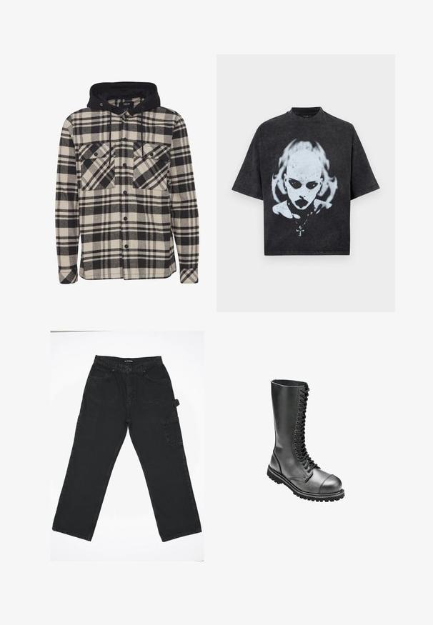 Schwarz-und-cremefarbener karierter Flanellhemd mit einer schwarzen Kapuze, zwei Brusttaschen, Knopfverschluss und langen Ärmeln. Weicher Stoff.; Schwarzes Oversized-T-Shirt mit einem weißen Motiv eines glatzköpfigen Menschen mit dunklen Augen, Lippenstift, Piercings und einer Halskette mit Kreuzanhänger.; Schwarze Denim-Hose mit geradem Bein, ausgestattet mit einem Frontknopfverschluss, Gesäßtaschen und einer seitlichen Cargo-Tasche.; Schwarze Leder-Schnürkampfstiefel mit hohem Schaft, runder Zehenpartie, gepolstertem Kragen und strukturiertem Gummisohle für besseren Halt.