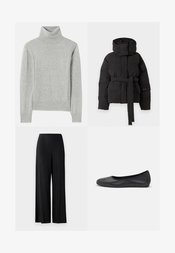 Sort polstret jakke med høj krave, fastgjort bælte i taljen, lange ærmer og sidelommer, præsenteret mod en ensfarvet baggrund.; Lys grå turtleneck sweater lavet af blødt stof. Har ribbede manchetter og kanten, samt et diskret logo nederst til højre.; Sorte, brede bukser lavet af glat stof, med en høj talje og uden synlige lommer eller hardware. Gulvlængde design.; Sort læderballetsko med rund tå, glat tekstur, minimal syning og et fleksibelt såldesign.