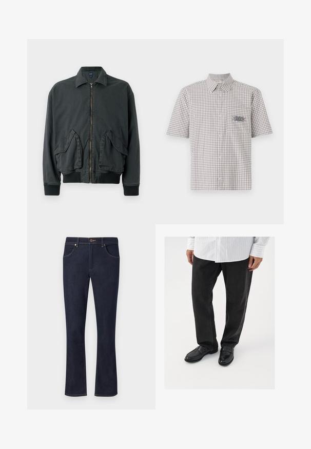 Veste bomber noire avec fermeture éclair à l'avant, deux grandes poches latérales, poignets et col côtelés. Fabriquée en tissu durable avec une texture lisse.; Chemise à manches courtes, col, dans un motif à carreaux gris et blanc. Présente une poche poitrine avec un design graphique contrastant.; Jean en denim bleu foncé avec jambes droites, fermeture à boutons sur le devant, passants de ceinture et poches avant sur un fond clair uni.; Pantalons en denim noir associés à des mocassins noirs brillants. La chemise est blanche avec de fines rayures verticales, avec des manches longues et un col boutonné.