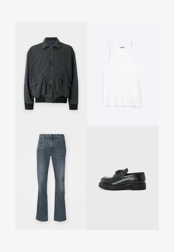 Chaqueta bomber negra con cierre frontal de cremallera, dos grandes bolsillos laterales, puños y cuello de canalé. Fabricada con un tejido duradero y de textura suave.; Camiseta sin mangas blanca con cuello redondo y etiqueta de la marca Weekday en el interior del cuello trasero, mostrada plana sobre un fondo claro.; Vaqueros de mezclilla azul oscuro con ligero desgaste, corte recto en la pierna, cierre con botón y cremallera, y bolsillos delanteros y traseros.; Mocasín de cuero negro con borlas, suela de caucho gruesa y tacón bajo, mostrado de perfil sobre un fondo liso.