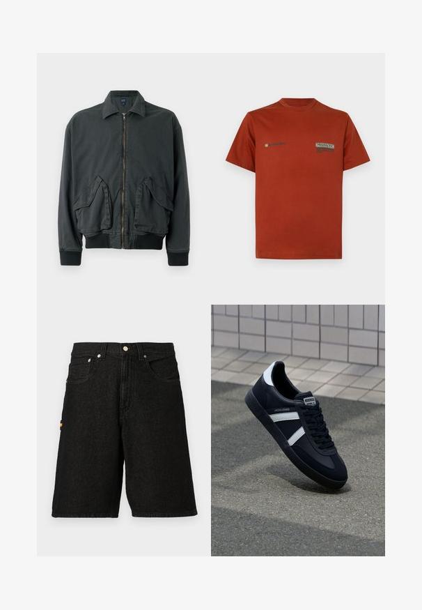 Zwarte bomberjack met een ritssluiting aan de voorkant, twee grote zijzakken, ribgebreide manchetten en kraag. Gemaakt van duurzame stof met een soepele textuur.; Roestkleurig T-shirt met korte mouwen en ronde hals met kleine zwarte en beige tekstlogo's op de bovenste borst, effen achtergrond.; Zwarte denim shorts met een klassieke vijf-pocket ontwerp, zilveren hardware en een subtiele oranje accent op de zijzak.; Zwarte leren sneaker met witte strepen, een gestructureerde rubberen zool en vetersluiting aan de voorkant. Voorzien van een merklabel op de tong.