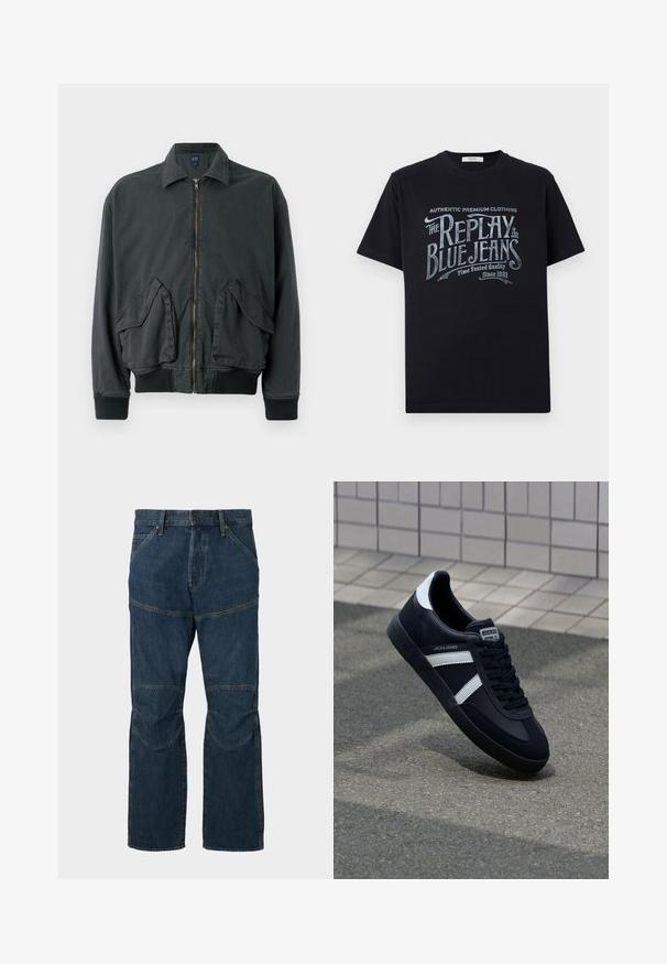 Schwarze Bomberjacke mit Reißverschluss, zwei großen Seitentaschen, gerippten Bündchen und Kragen. Aus strapazierfähigem Stoff mit glatter Textur gefertigt.; Schwarzes Baumwoll-T-Shirt mit kurzen Ärmeln und rundem Halsausschnitt, mit einem grafischen Textdesign im Vintage-Stil in Weiß und hellblau auf der Vorderseite.; Dunkelblaue Jeans aus Denim mit verstärkten Knien, frontalem Knopf- und Reißverschluss sowie Vordertaschen auf einem schlichten Hintergrund.; Schwarze Leder-Sneaker mit weißen Streifen, strukturiertem Gummisohle und Schnürung. Verfügt über ein Markenetikett auf der Zunge.