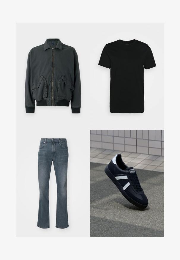 Schwarze Bomberjacke mit Reißverschluss, zwei großen Seitentaschen, gerippten Bündchen und Kragen. Aus strapazierfähigem Stoff mit glatter Textur gefertigt.; Schwarzes kurzärmliges T-Shirt aus glattem Baumwollstoff, mit Rundhalsausschnitt und einem schlichten Design ohne Muster oder Akzente.; Dunkelblaue Jeans mit leichtem Verblassen, geradem Bein, Knopf- und Reißverschluss sowie Vorder- und Hintertaschen.; Schwarze Leder-Sneaker mit weißen Streifen, strukturiertem Gummisohle und Schnürung. Verfügt über ein Markenetikett auf der Zunge.
