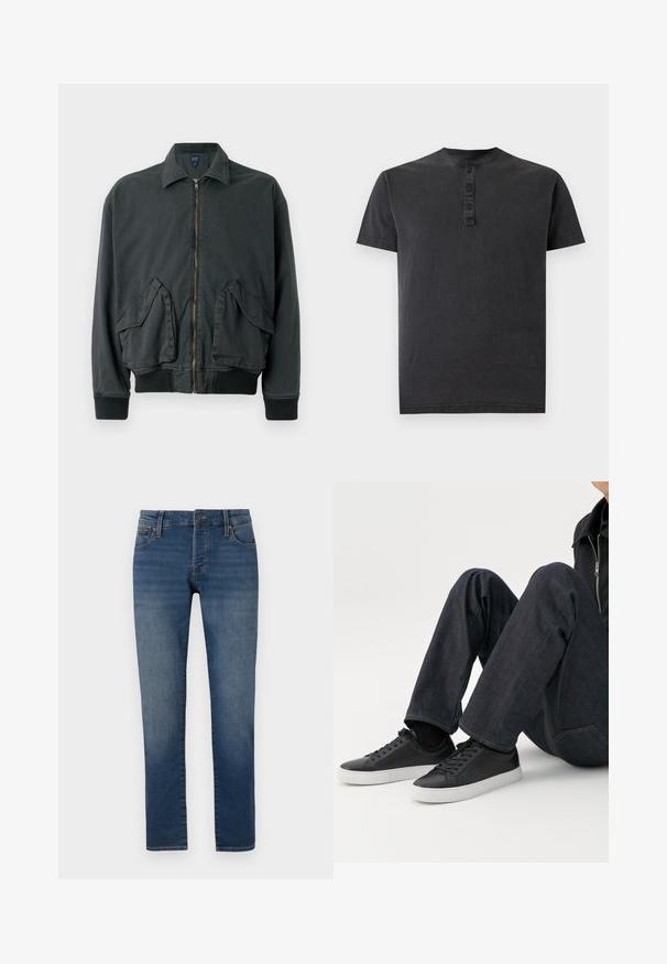 Schwarze Bomberjacke mit Reißverschluss, zwei großen Seitentaschen, gerippten Bündchen und Kragen. Aus strapazierfähigem Stoff mit glatter Textur gefertigt.; Schwarzes Henley-T-Shirt mit kurzen Ärmeln, Dreiknopfleiste und Rundhalsausschnitt auf einfarbigem Hintergrund.; Schmal geschnittene blaue Jeans mit leichtem Verblassen an den Oberschenkeln, Fünf-Taschen-Design, Knopfverschluss und geradem Beinanschnitt auf einem weißen Hintergrund.; Person sitzt mit angewinkelten Beinen, trägt dunkelblaue Jeans und schwarze Low-Top-Sneaker mit weißen Sohlen auf weißem Hintergrund.