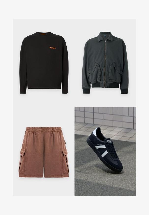 Sort bomberjakke med lynlås foran, to store sidelommer, ribbede ærmer og krave. Fremstillet af slidstærkt stof med en glat overflade.; Sort langærmet t-shirt lavet af bomuld, der har et lille orange "Replay Inc." logo på brystet, med rund halsudskæring og almindelig pasform.; Brune cargo shorts med elastisk talje og klaplommer på hver side, præsenteret mod en ensartet hvid baggrund.; Sort lædersneaker med hvide striber, tekstureret gummisål og snørrebånd foran. Har et brandet mærke på tungen.
