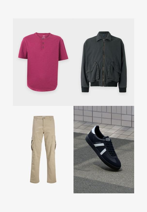 Schwarze Bomberjacke mit Reißverschluss, zwei großen Seitentaschen, gerippten Bündchen und Kragen. Aus strapazierfähigem Stoff mit glatter Textur gefertigt.; Kurzarm-Henley-Shirt in einem lebhaften Magenta-Ton. Mit Rundhalsausschnitt, Drei-Knopf-Leiste und leicht abgerundetem Saum. Weiche Textur.; Beige Cargohose mit Knopfverschluss, Gürtelschlaufen und großen Klappentaschen an beiden Oberschenkeln, flach auf weißem Hintergrund dargestellt.; Schwarze Leder-Sneaker mit weißen Streifen, strukturiertem Gummisohle und Schnürung. Verfügt über ein Markenetikett auf der Zunge.