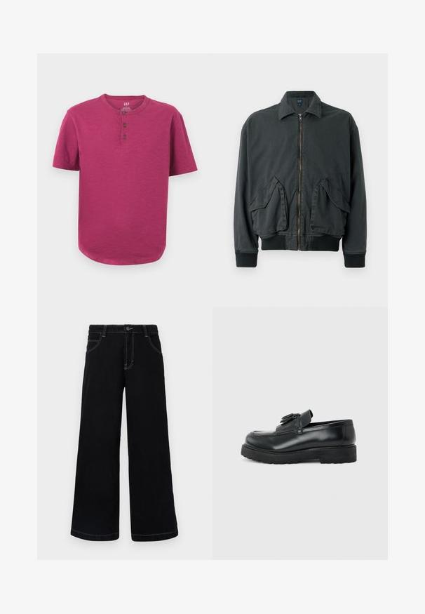 Schwarze Bomberjacke mit Reißverschluss, zwei großen Seitentaschen, gerippten Bündchen und Kragen. Aus strapazierfähigem Stoff mit glatter Textur gefertigt.; Kurzarm-Henley-Shirt in einem lebhaften Magenta-Ton. Mit Rundhalsausschnitt, Drei-Knopf-Leiste und leicht abgerundetem Saum. Weiche Textur.; Schwarze weit geschnittene Jeanshose aus Denim, mit Knopfverschluss, fünf Taschen und kontrastierendem weißen Nähten entlang der Nähte.; Schwarzer Leder-Slipper mit Quasten, dicke Gummisohle und niedrigem Absatz, im Seitenprofil vor einem einfarbigen Hintergrund gezeigt.