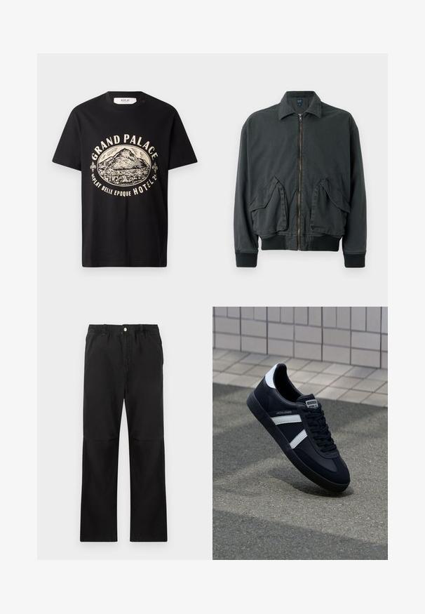Chaqueta bomber negra con cierre frontal de cremallera, dos grandes bolsillos laterales, puños y cuello de canalé. Fabricada con un tejido duradero y de textura suave.; Camiseta de algodón negra con un estampado gráfico en beige de una montaña y texto que dice "Grand Palace Replay Belle Epoque Hotel". Diseño sencillo de cuello redondo.; Pantalones negros de algodón con una cintura elástica, que cuentan con un diseño de pierna recta, textura suave y sin acentos ni patrones visibles.; Zapatilla de cuero negra con rayas blancas, suela de goma texturizada y parte frontal con cordones. Cuenta con una etiqueta de marca en la lengüeta.
