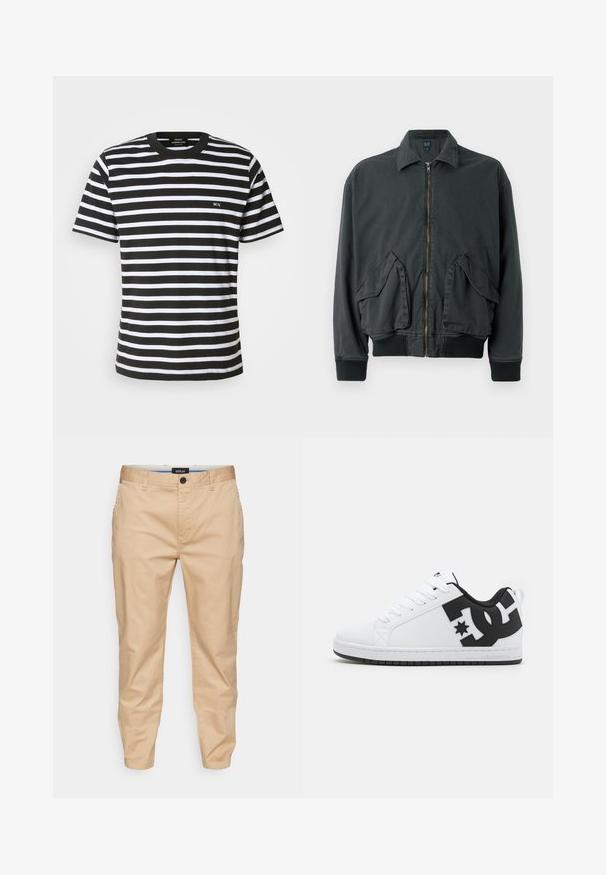 Veste bomber noire avec fermeture éclair à l'avant, deux grandes poches latérales, poignets et col côtelés. Fabriquée en tissu durable avec une texture lisse.; T-shirt rayé noir et blanc avec un col rond, des manches courtes et un petit logo brodé "MN" sur le devant. Fabriqué en tissu en coton doux.; Chinos beige à coupe slender, fabriqués en coton, avec une fermeture à bouton standard, des poches latérales et une texture lisse.; Baskets blanches avec un dessus synthétique lisse, ornées d'accents de logo noirs et d'une semelle en caoutchouc. Design à lacets, forme de bout arrondi.