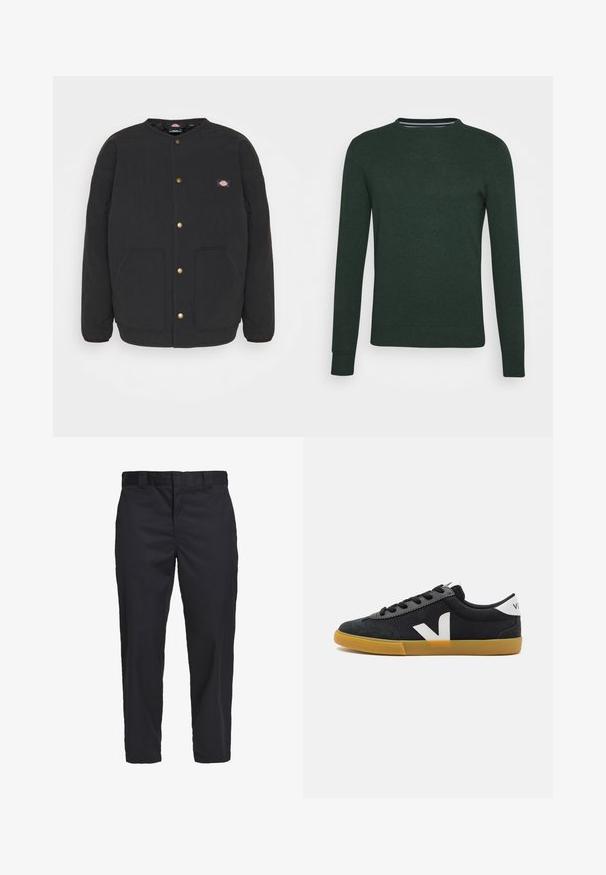 Veste matelassée noire avec un col rond, des boutons-pression dorés et deux poches avant. Présente un petit logo sur la poitrine gauche.; Pull en tricot vert foncé avec un col rond, des manches longues et des poignets et un bas côtelés. Texture lisse sans motifs ni accents visibles.; Chinos noirs en coton léger, avec une coupe droite, des poches latérales et une fermeture à bouton à la taille.; Baskets noires en toile avec une coque en daim, logo blanc, lacets noirs et semelle en caoutchouc beige. Design minimaliste et silhouette basse.