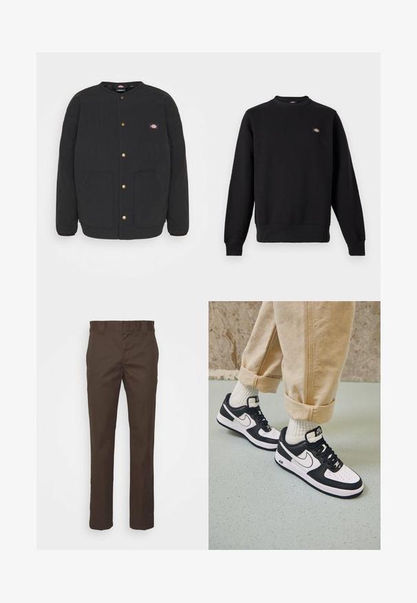 Veste matelassée noire avec un col rond, des boutons-pression dorés et deux poches avant. Présente un petit logo sur la poitrine gauche.; Sweat-shirt noir à col rond, manches longues, poignets et ourlet côtelés, avec un petit patch rectangulaire avec logo sur la poitrine gauche.; Pantalons marron en tissu résistant, avec une coupe droite, une taille standard et des poches latérales pour plus de fonctionnalité.; Baskets Nike Air Force 1 en noir et blanc avec un dessus en cuir, orteil perforé et détail de semelle texturée, portées avec un pantalon beige retroussé et des chaussettes blanches.
