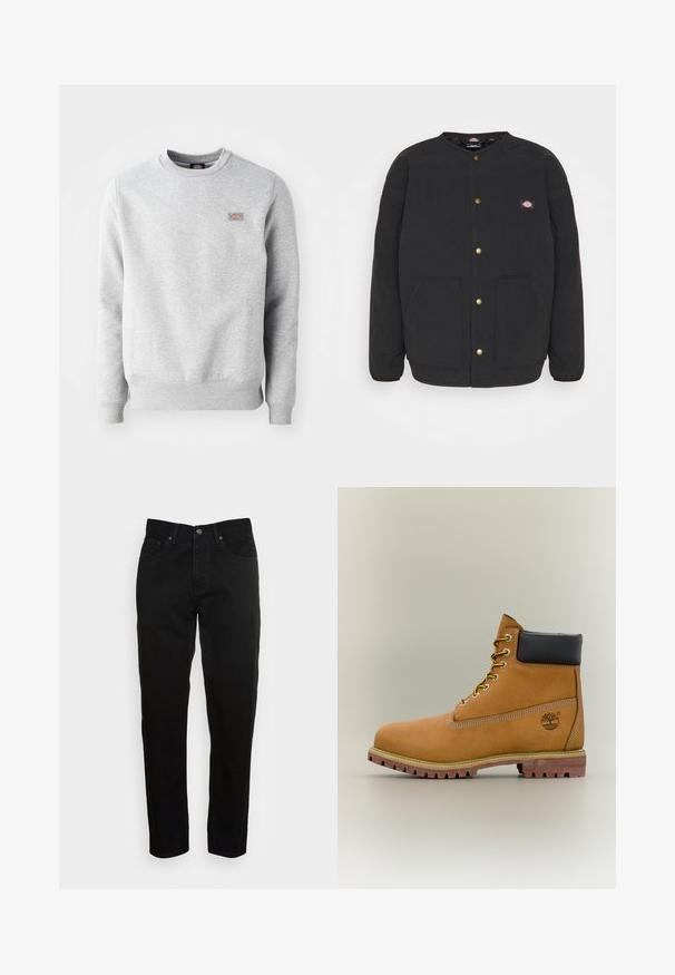 Veste matelassée noire avec un col rond, des boutons-pression dorés et deux poches avant. Présente un petit logo sur la poitrine gauche.; Sweatshirt gris avec un col rond, des poignets et un ourlet côtelés, fabriqué en coton doux. Présente un petit logo sur la poitrine gauche.; Jean slim noir avec fermeture à bouton à l'avant et design à cinq poches, présenté sur un fond gris clair uni.; Bottine en cuir marron avec col noir, lacets jaunes et semelle beige. Présente un logo et des détails de couture blanche. Semelle extérieure à traction robuste.
